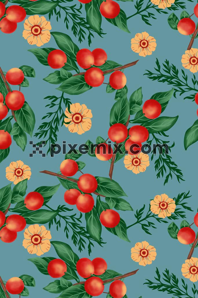Hand drawn illustration inspired tropical florals and fruits product graphic with seamless repeat pattern
