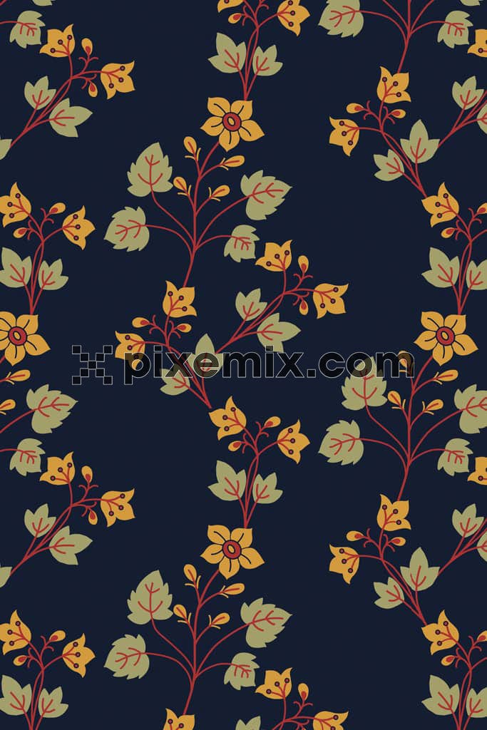 Tropical florals and leaf product graphic with seamless repeat pattern
