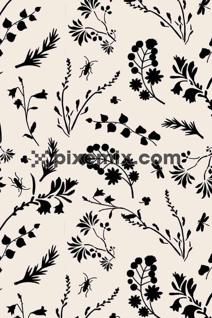Monochrome florals and leaf product graphic with seamless repeat pattern