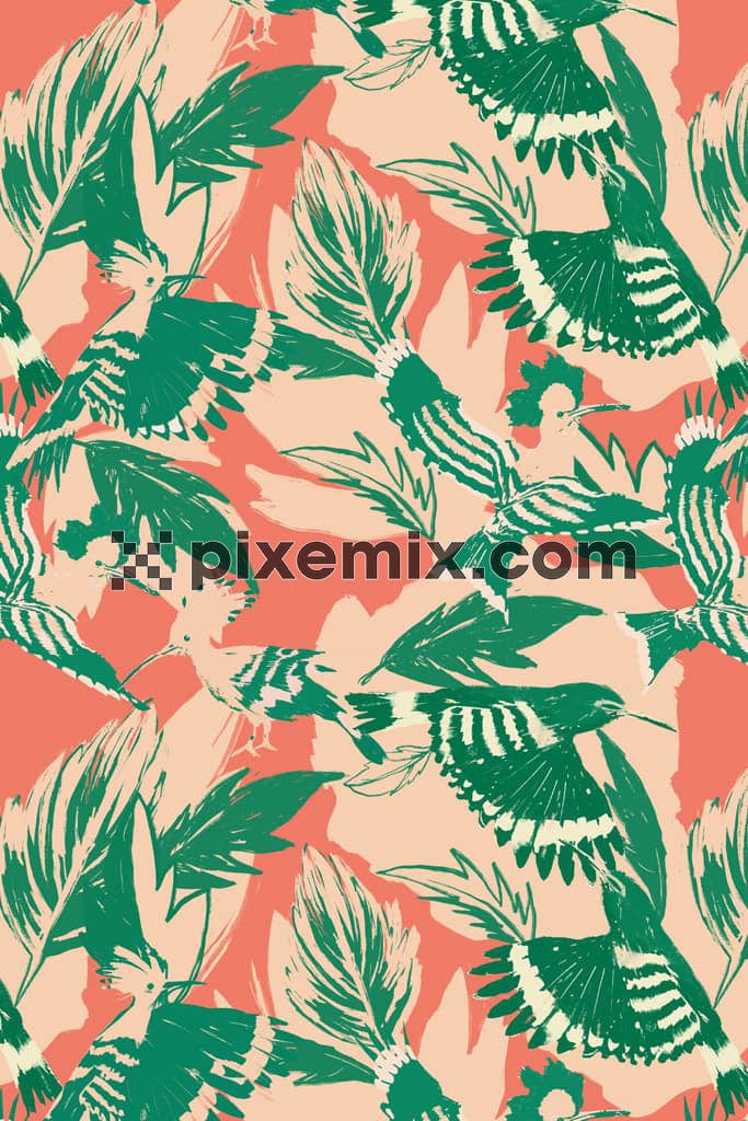 Abstract leaf and buirds product graphic with seamless repeat pattern