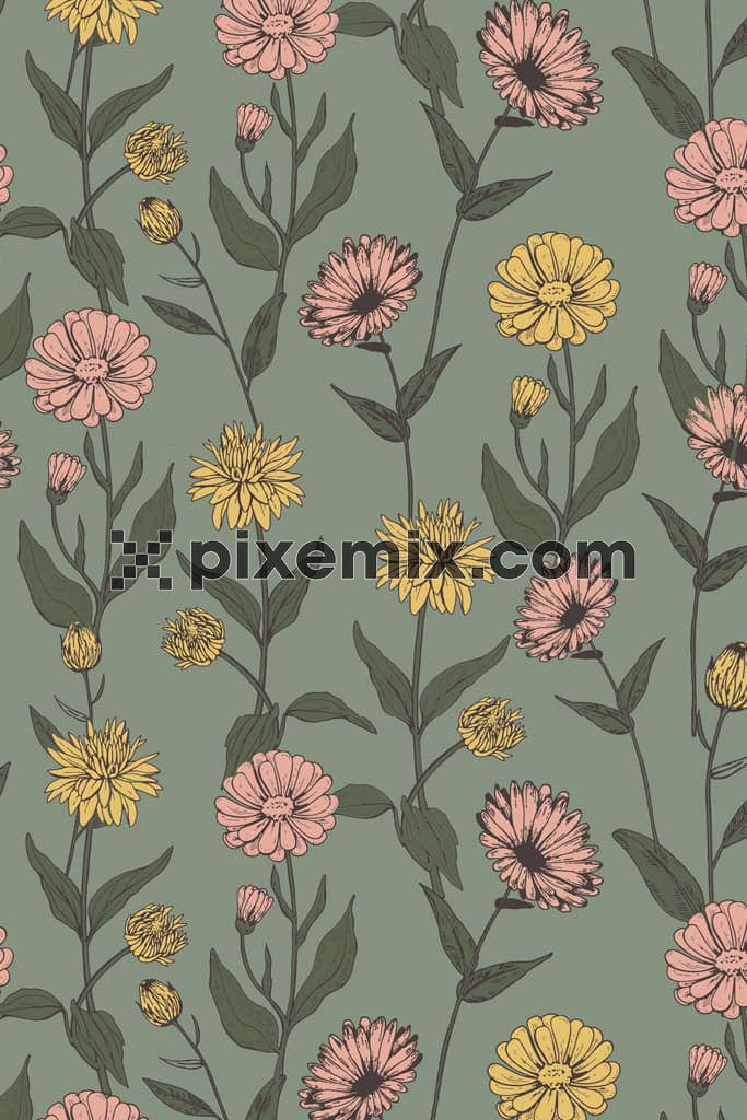 Abstract florals and leaf product graphic with seamless repeat pattern