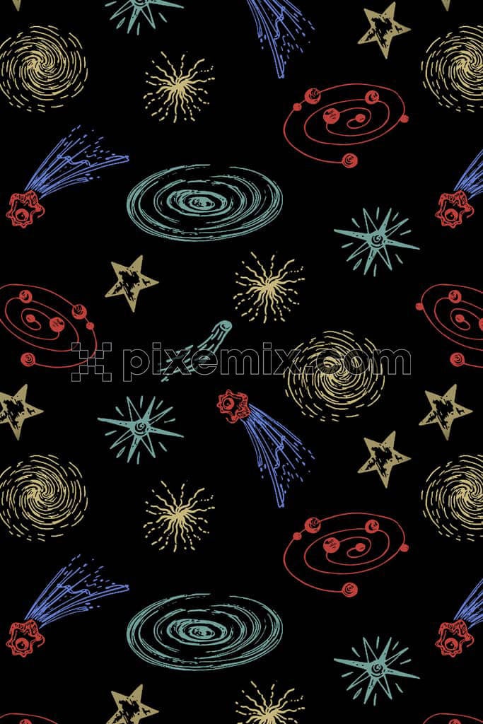 Doodle art inspired star and planet product graphic with seamless repeat pattern