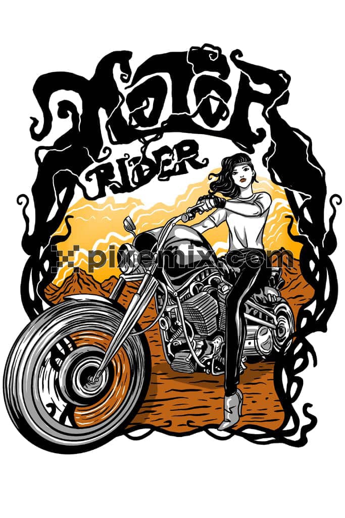 Doodle art inspired biker girl and typography product graphic