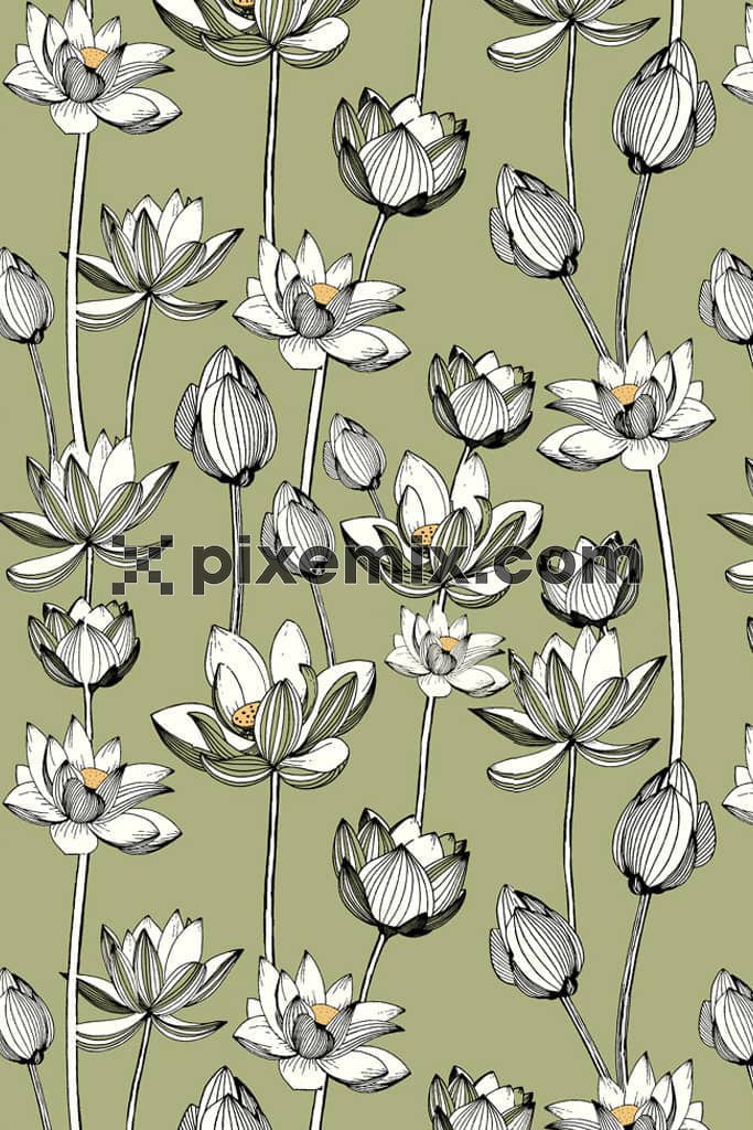 Lotus flower and leaves product graphic with seamless repeat pattern