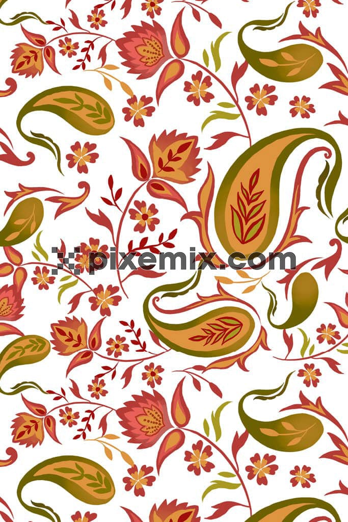 Paisley florals and leaf product graphic with seamless repeat pattern