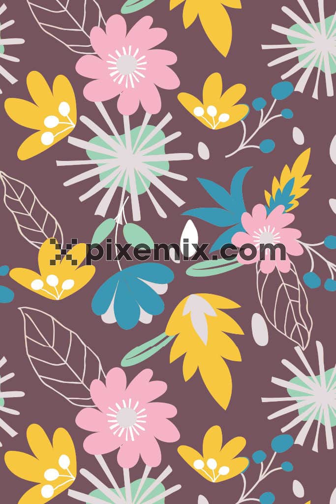 Doodle florals and leaf product graphic with seamless repeat pattern