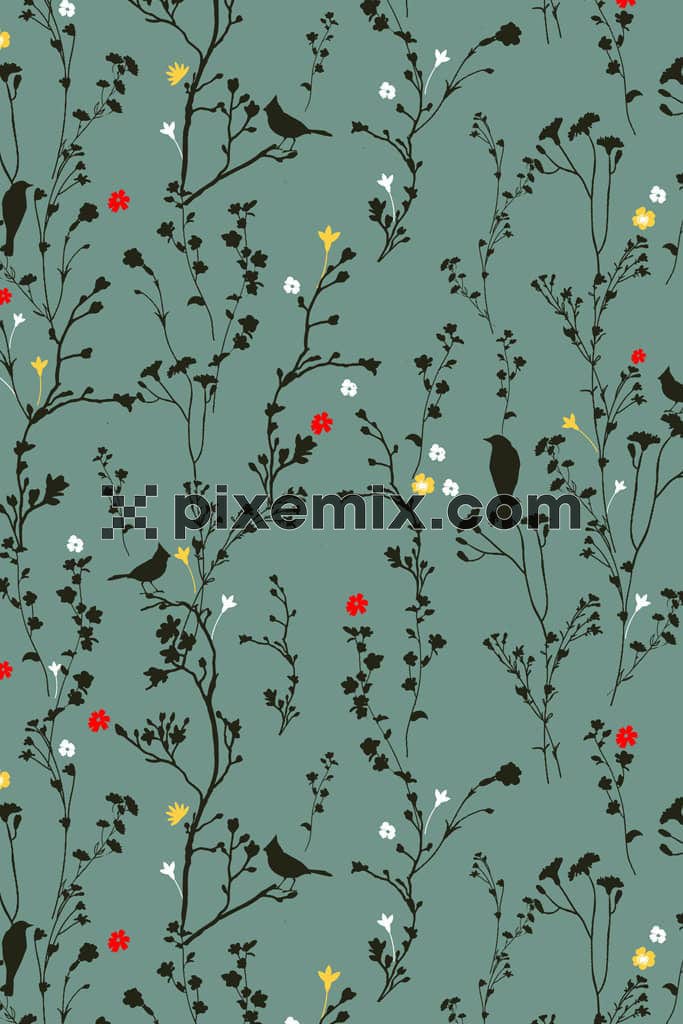 Doodleart inspired birds and florals product graphic with seamless repeat pattern