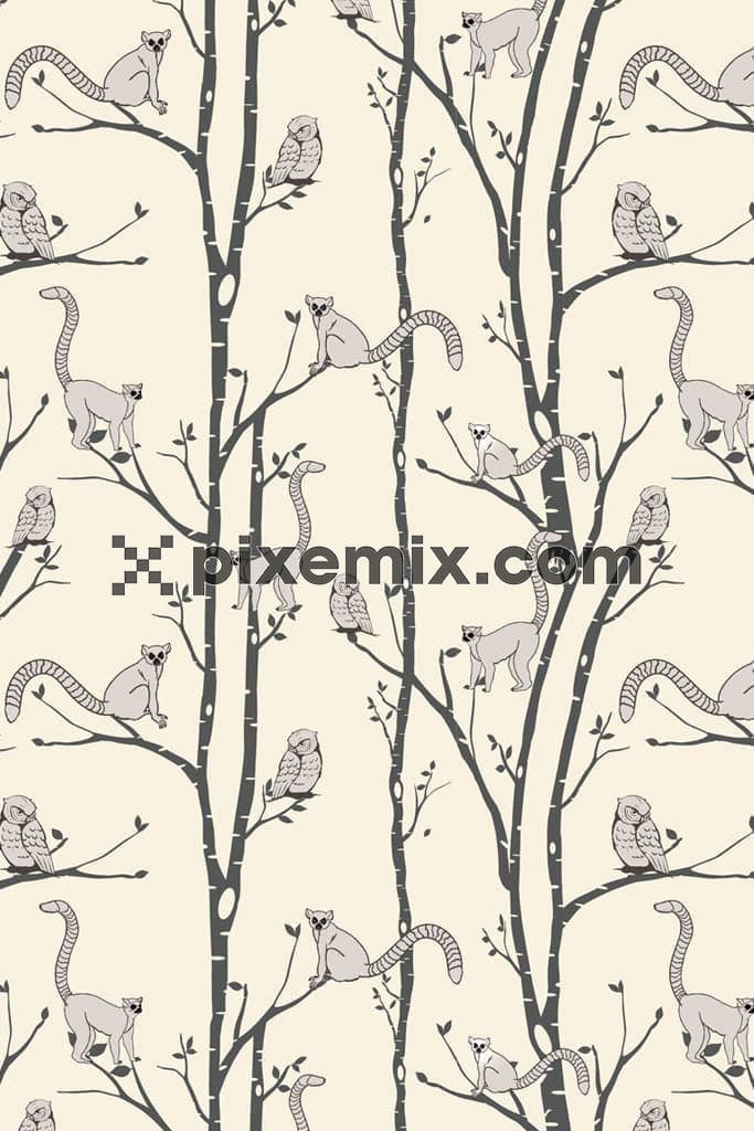 Doodle animal and tree product graphic with seamless repeat pattern