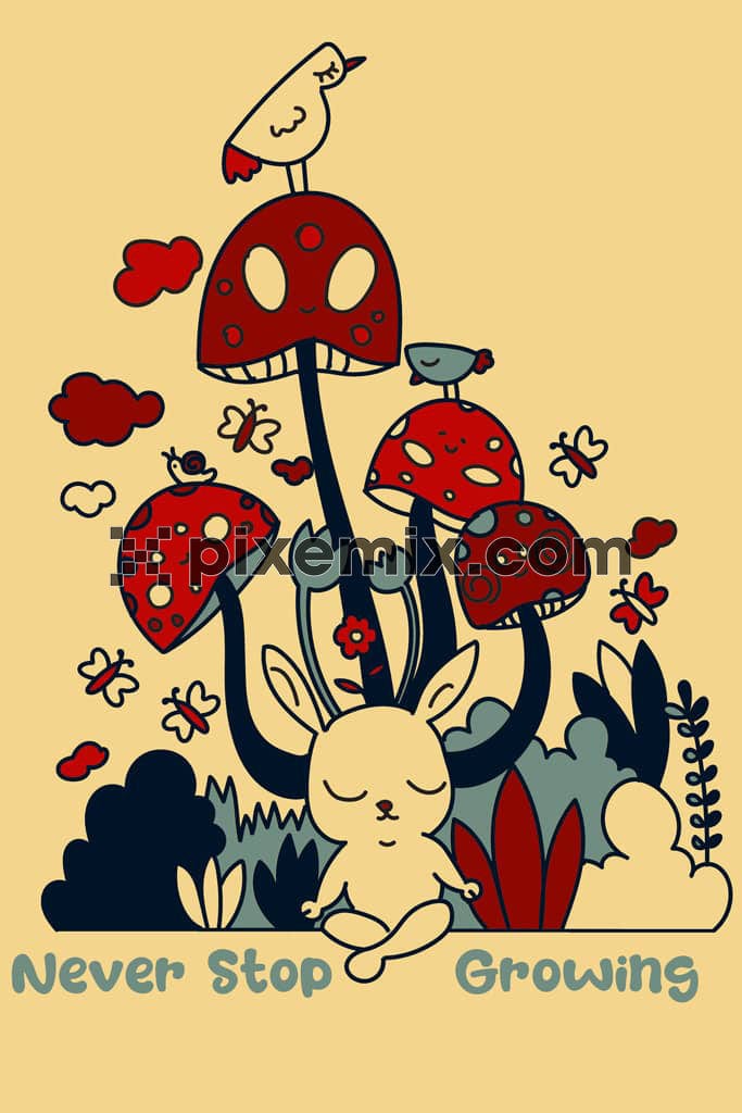 Doodle art inspired cartoon mushroom and bunny product graphic