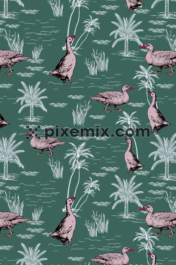 Lineart plam tree and duck product graphic with seamless repeat pattern