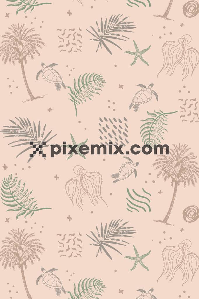 Monochrome plam tree and sea animal product graphic with seamless repeat pattern