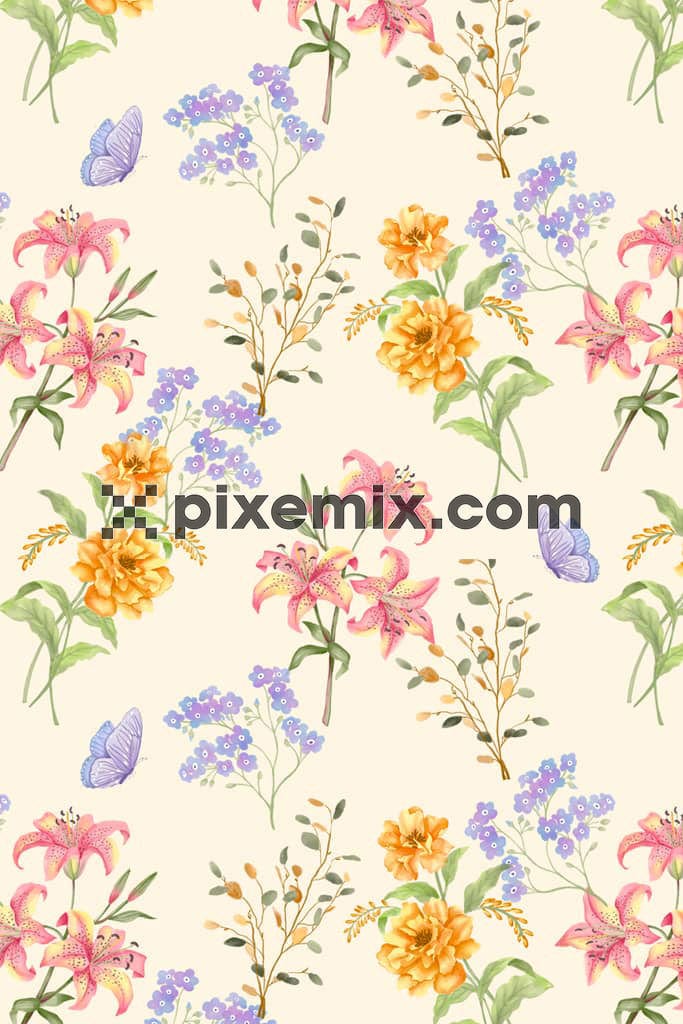 Digital florals and leaf product graphic with seamless repeat pattern