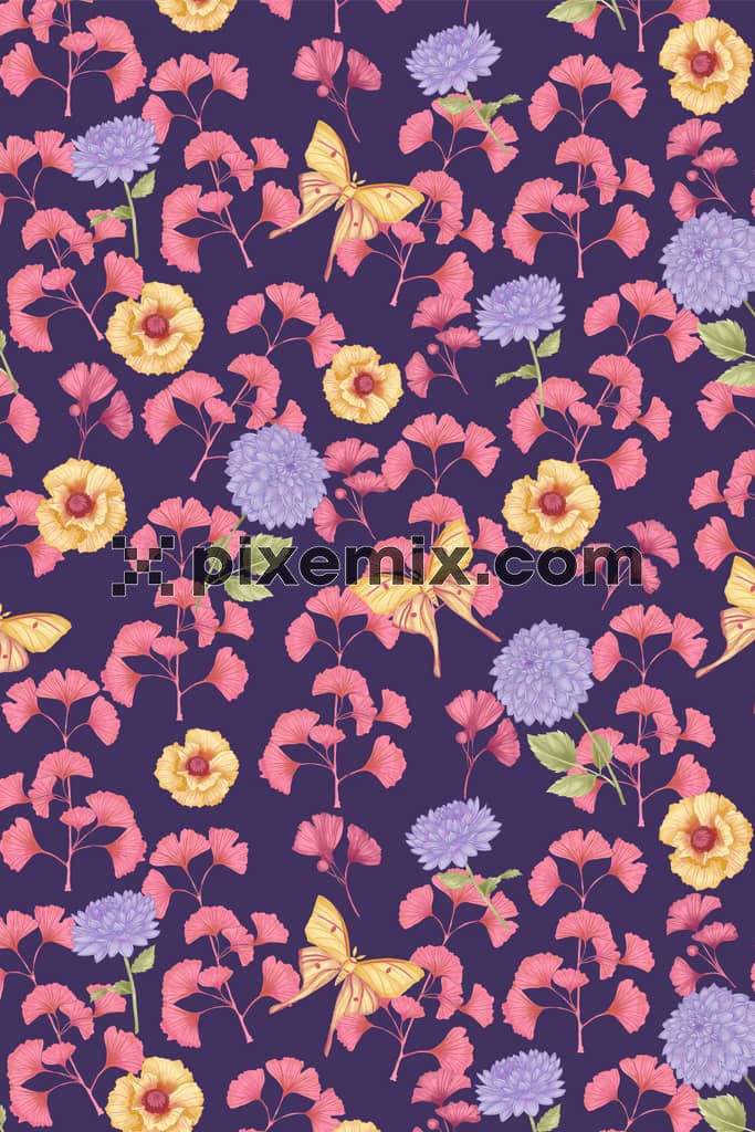 Florals and butterfly product graphic with seamless repeat pattern