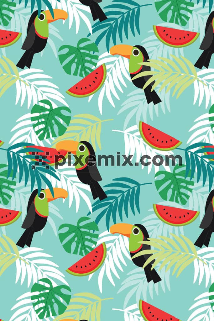 Tropical birds and leaf product graphic with seamless repeat pattern