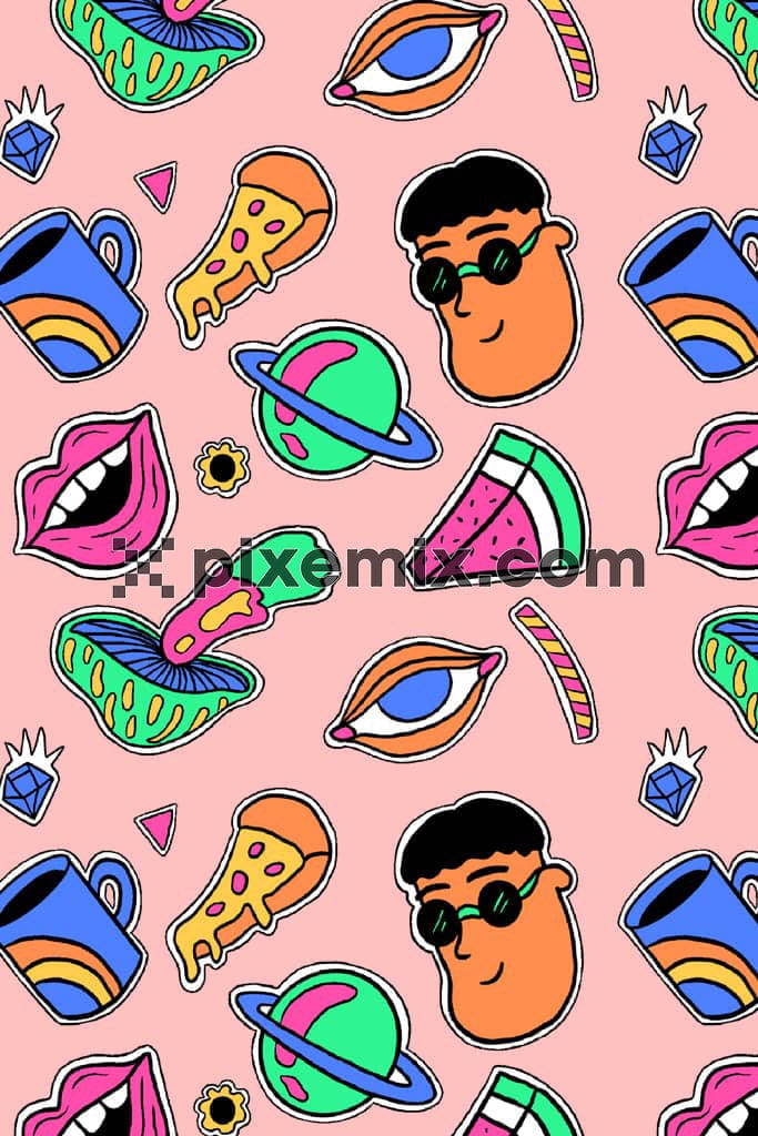 Popart inspired retro face and mushroom product graphic with seamless repeat pattern