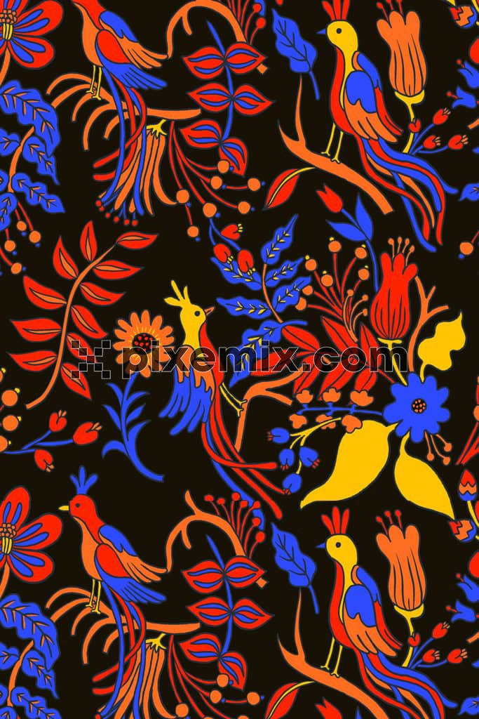 Florals and birds product graphic with seamless repeat pattern