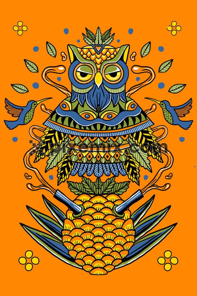 Doodle art inspired owl and pineapple product graphic