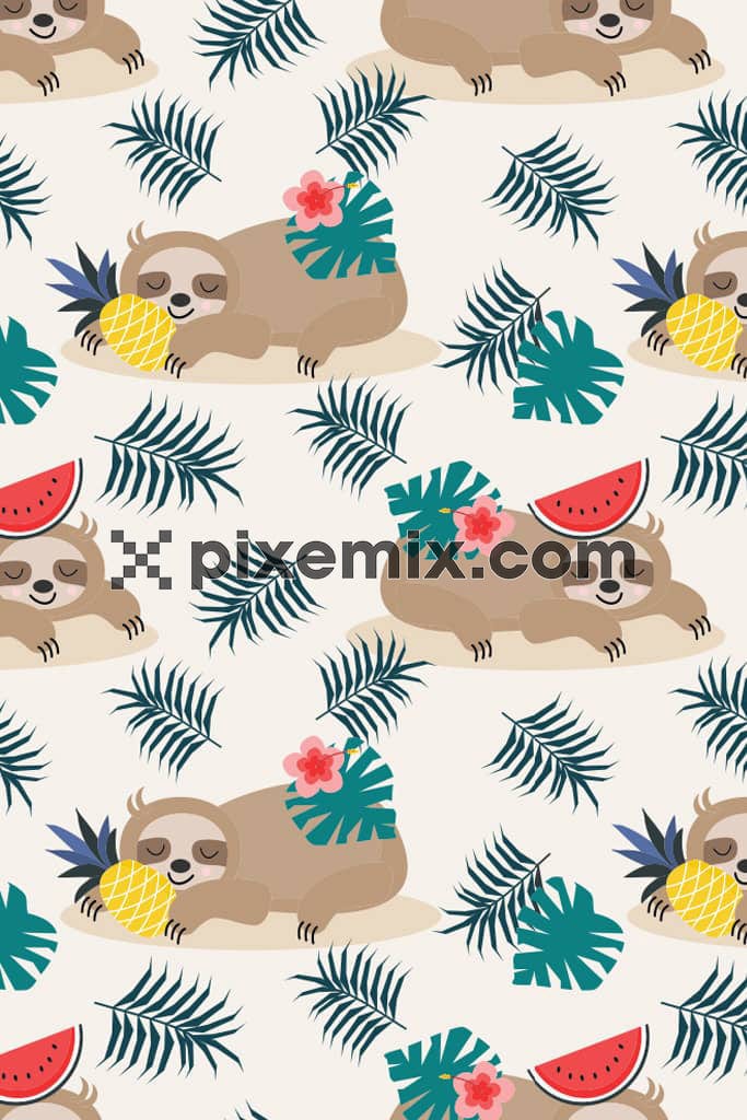 Tropical leaves and sloth product graphic with seamless repeat pattern