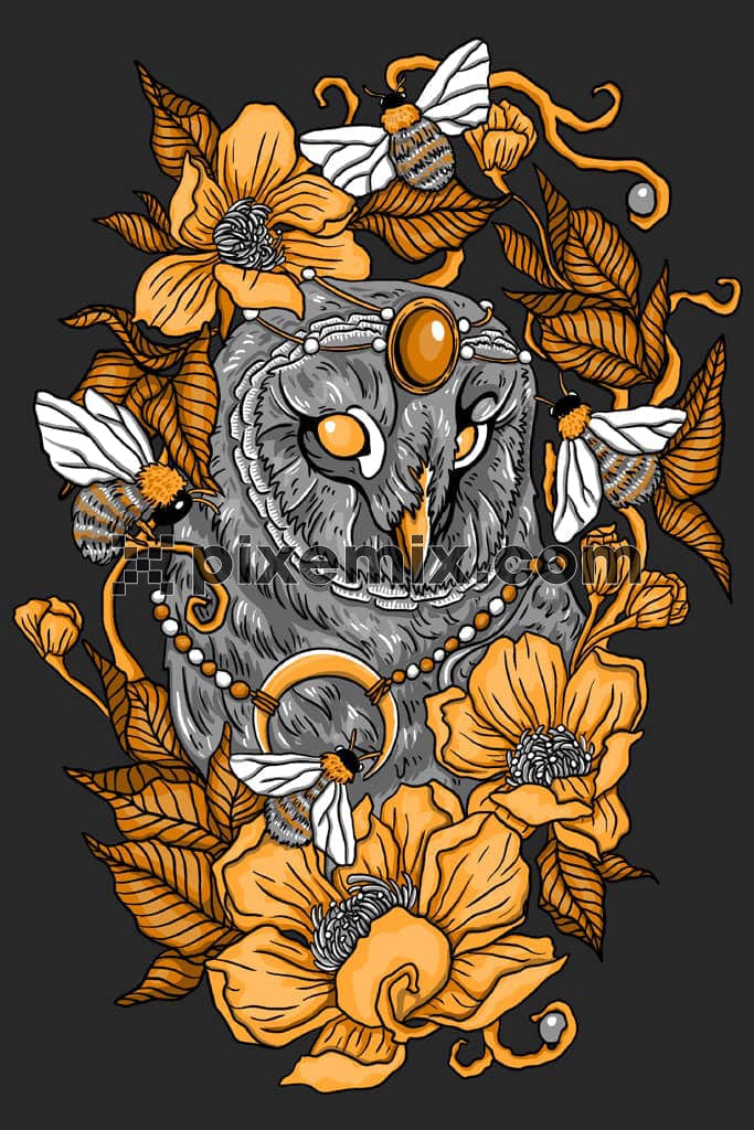 Doodle owl and florals product graphic