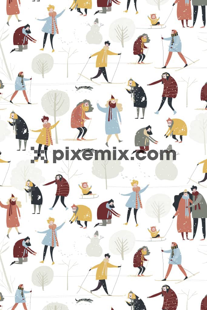 Cartoon human and snow product graphic with seamless repeat pattern