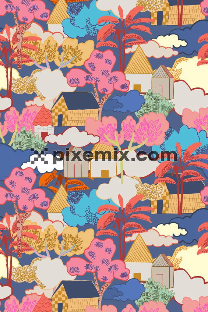 Doodle village and tree product graphic with seamless repeat pattern