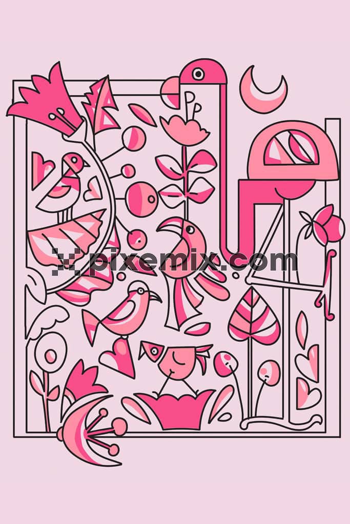 Cartoon birds and leaves product graphic with seamless repeat pattern