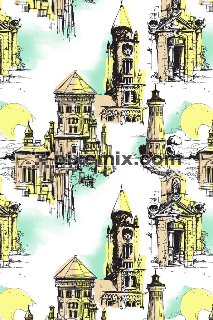 Tie-dye inspired abstract city product graphic with seamless repeat pattern