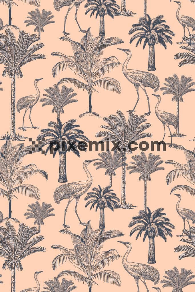 Tropical birds and tree product graphic with seamless repeat pattern