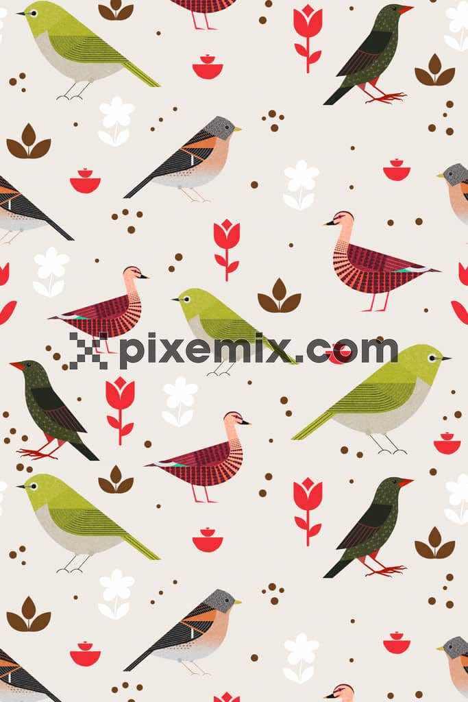 Watercolor birds product graphic with seamless repeat pattern