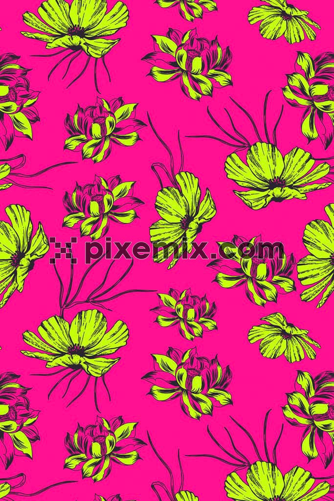 Pop art inspired florals product graphic with seamless repeat pattern 