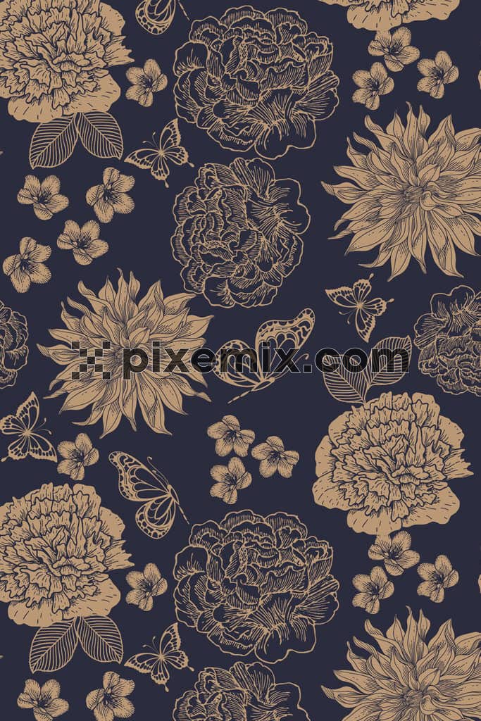 Florals and butterfly product graphic with seamless repeat pattern