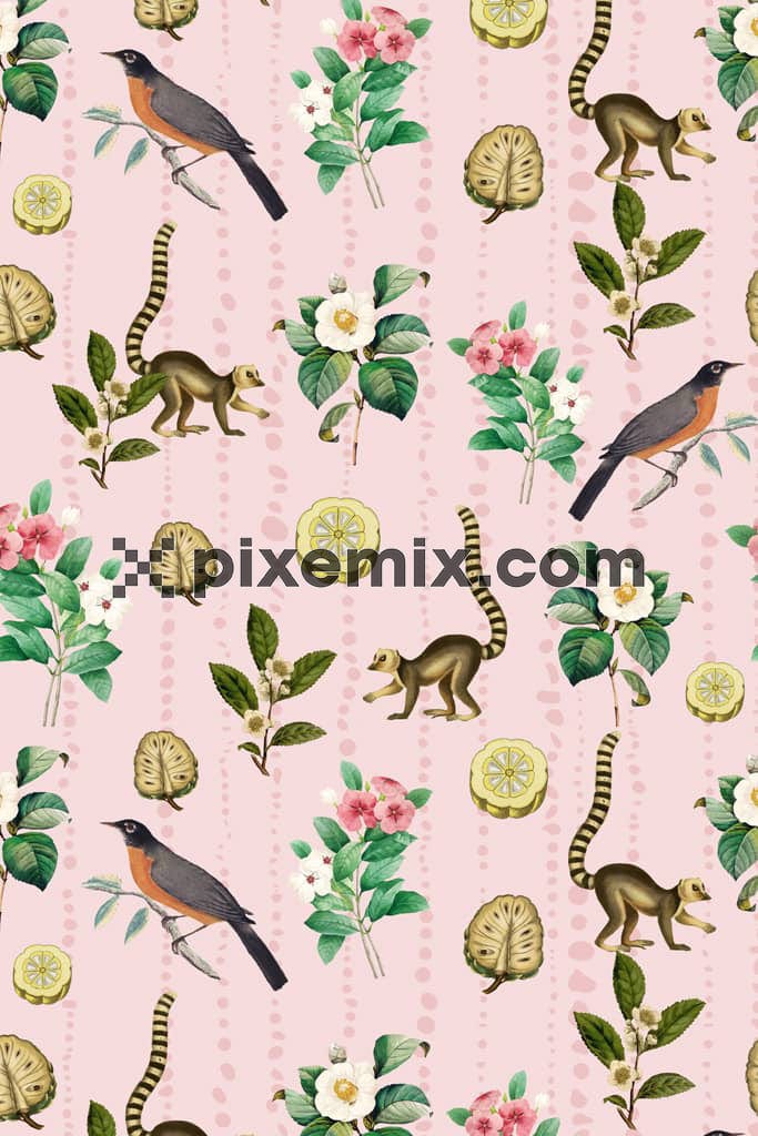 Digital florals and animal product graphic with seamless repeat pattern
