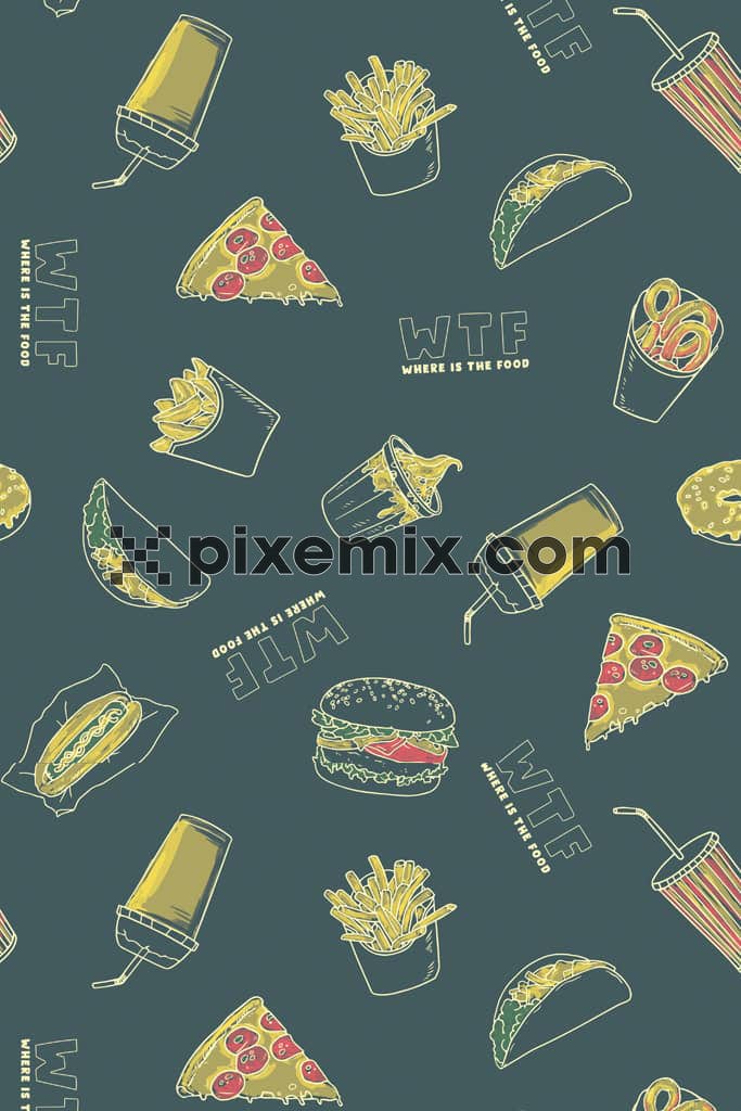 Quirky art inspired pizza and taco product graphic with seamless repeat pattern