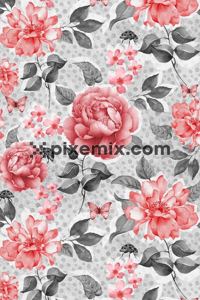 Watercolor florals and leaves product graphic with seamelss repeat pattern