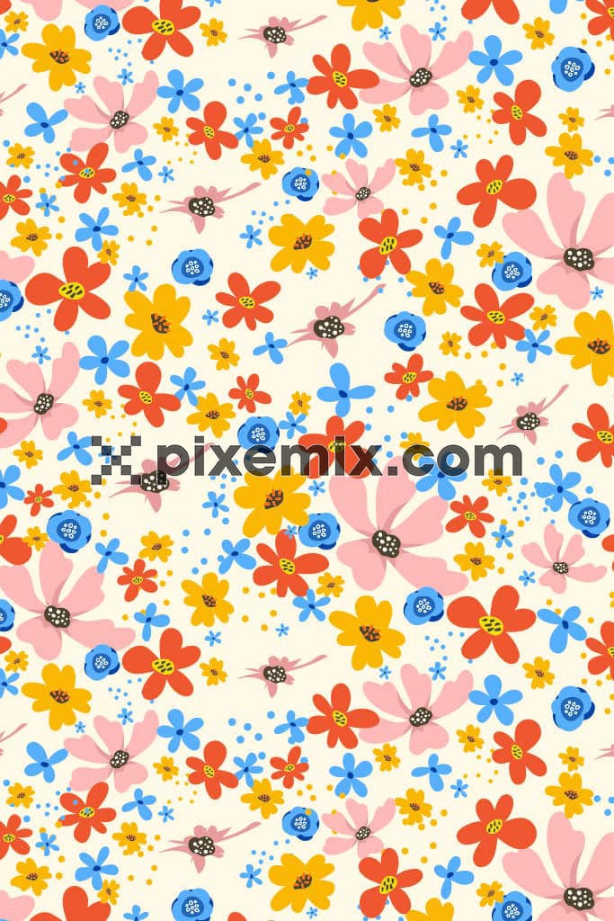Doodle florals product graphic with seamless repeat pattern