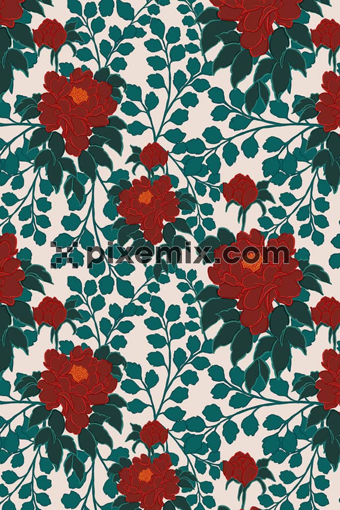 Doodle florals and leaves product graphic with seamless repeat pattern