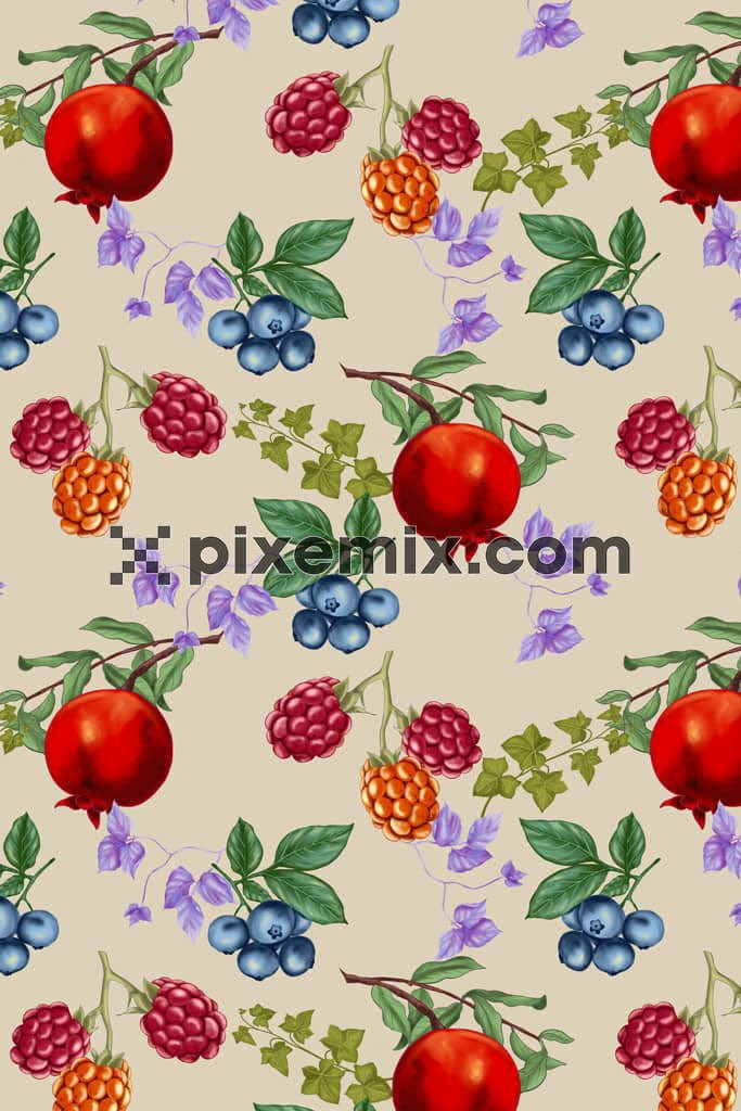 Digital florals and fruits product graphic with seamless repeat pattern