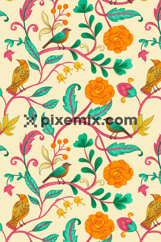 Vector florals and birds product graphic with seamless repeat pattern