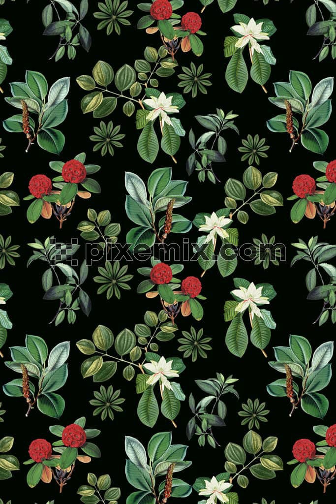 Tropical florals and leaves product graphic with seamless repeat pattern