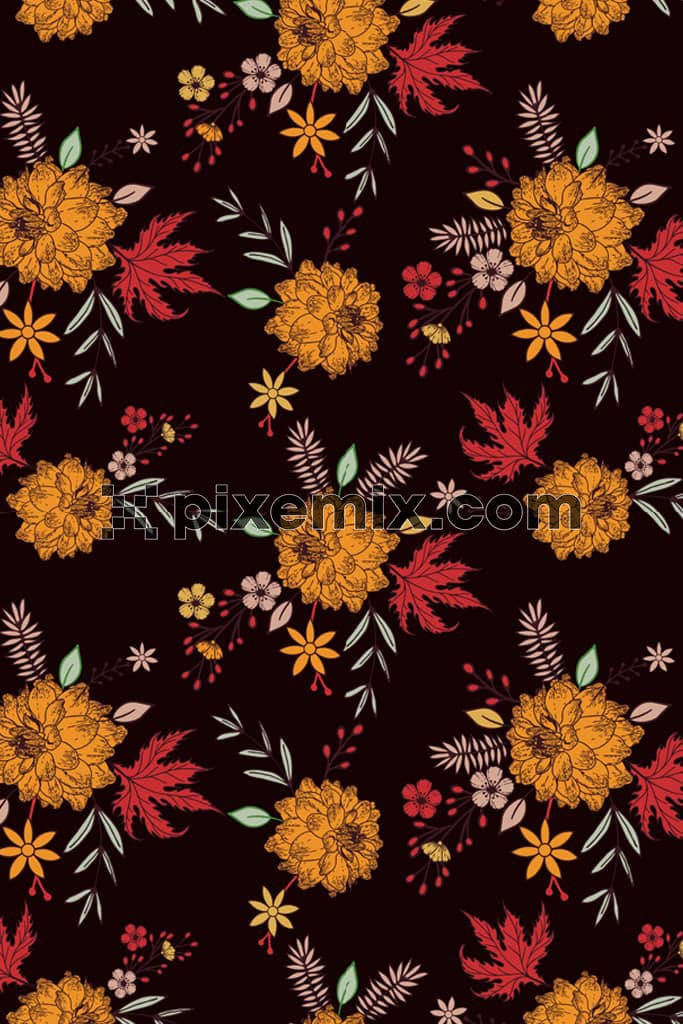 Digital florals and leaves product graphic with seamless repeat pattern