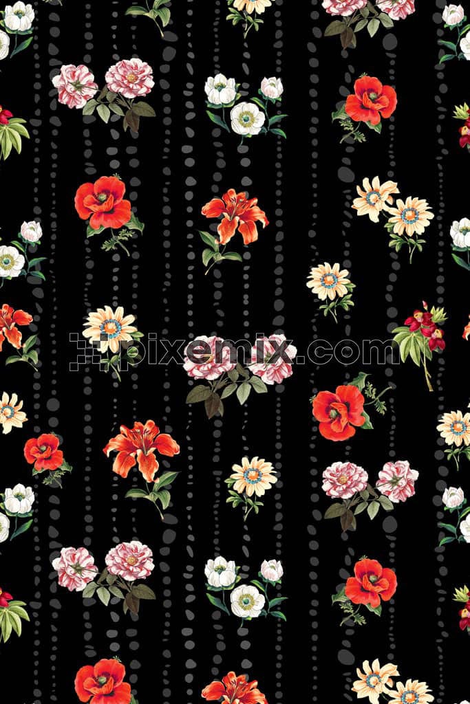 Digital florals and dot product graphic with seamless repeat pattern
