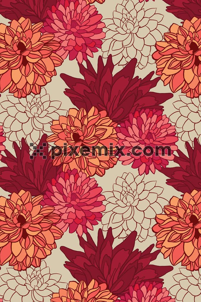 Lineart florals product graphic with seamless repeat pattern