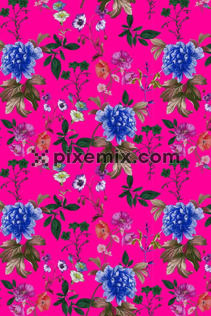 Popart inspired digital florals and leaves product graphic with seamless repeat patter