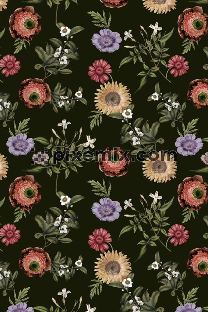 Digital florals and leaves product graphic with seamless repeat patter