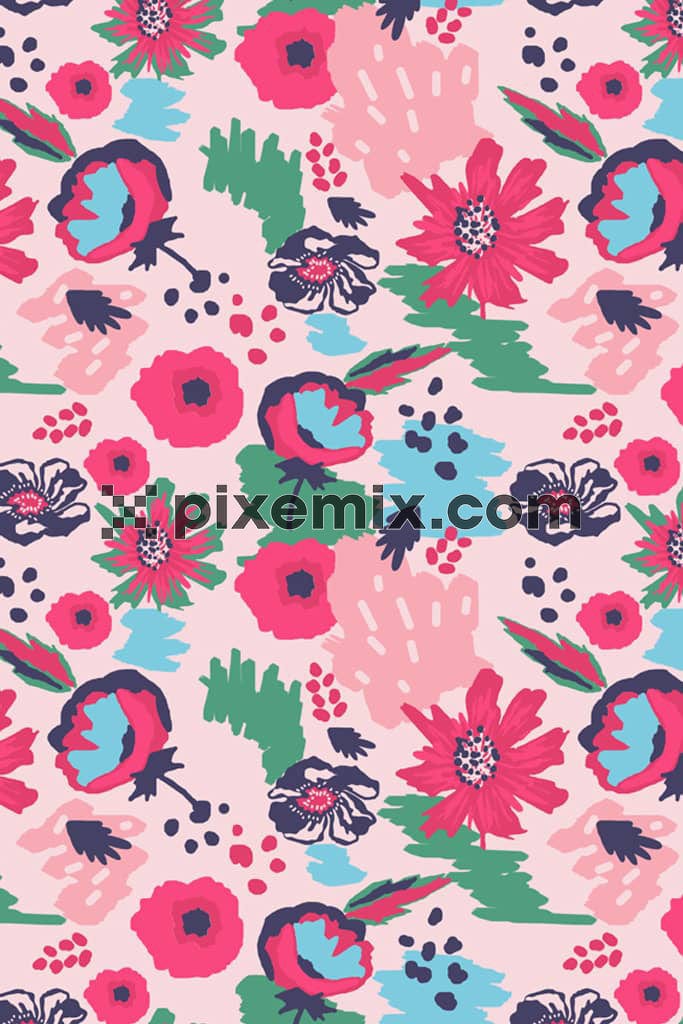 Doodle art inspired florals and abstract shape product graphic with seamless repeat patter