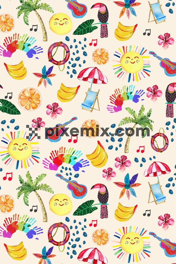 Summervibes inspired beach icon product graphic with seamless repeat pattern