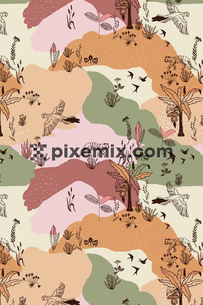 Abstract camouflage and tropical animals product graphic with seamless repeat pattern