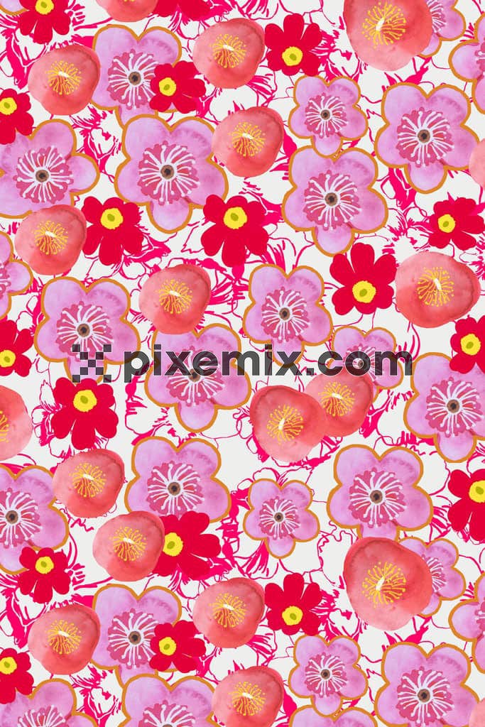 Watercolour florals and lineart product graphic with seamless repeat pattern