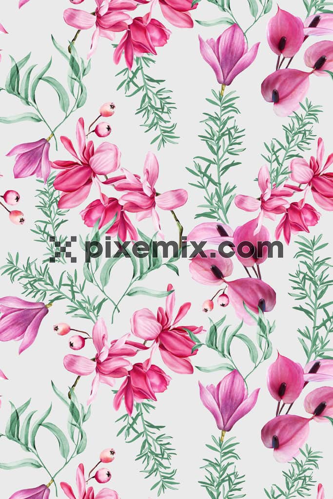 Watercolour florals and leaf product graphic with seamless repeat pattern