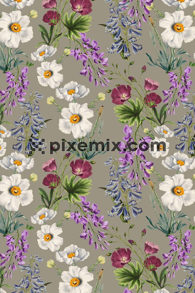 Watercolor florals and leaves product graphic with seamless repeat pattern